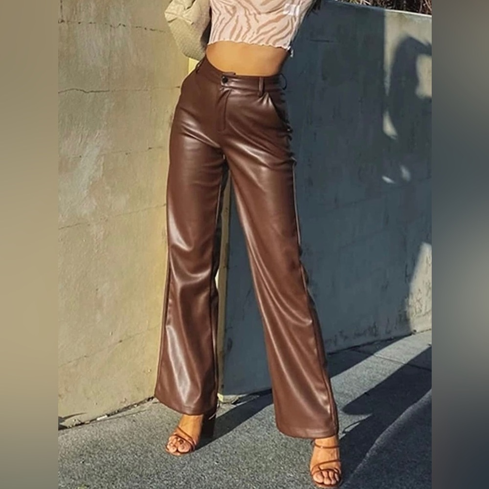 Women Faux Leather Pants High Waist Straight Wide Leg Leggings Slim with Pockets